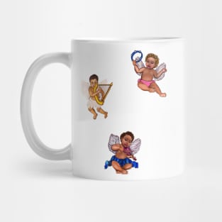 Orchestra of Curly haired Angels in blue playing the tambourine, violin and harp - blissful Sun kissed curly haired Baby cherub angel classical art Mug